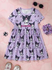 HELLO KITTY AND FRIENDS | SHEIN Young Girl Letter Cartoon Print Round Neck Short Sleeve Dress - Purple - View 1