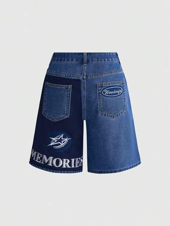 Street Life Damen Denim Shorts mit Patchwork-Stickerei, Mesh-Einsatz, Buchstaben, Jungenhaft, Blau, Rennsport, Straßenleben