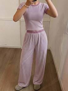DAZY 2件組女款條紋修身短袖T恤與直筒長款睡褲居家服套裝 - 紫色 - 查看 4