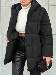 SHEIN Cottnline Abrigo acolchado con capucha de unicolor casual - Negro - Ver 4