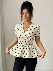 Elenzga Women's Polka Dot Pattern Waist Gathered Short Petal Sleeve Denim Top - Blue - View 5