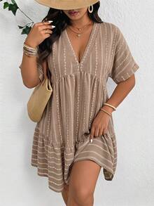 SHEIN Frenchy Women's Plus Size Deep V-Neck Short Sleeve Striped Textured Dress - Multicolor - View 5