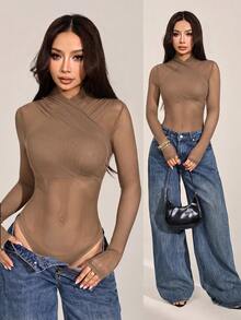 SHEIN PETITE 女款性感純色網紗包覆式連身衣，透視長袖，棕色，夏季，夜店派對穿搭 - 卡其色 - 查看 1