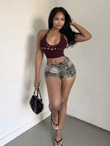 Alexandranx Leopard Print Botanical Pattern Low-Waist Denim Shorts, Street Style Casual Graphic Everyday Grey Summer Brown - Brown - View 6