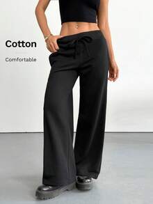 SHEIN PETITE Quần nỉ nữ ống rộng cạp thấp dệt kim trơn thoải mái phong cách thường ngày, dành cho nữ petite - màu đen - Xem 8