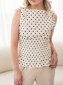 Ximena Robles Ximena Robles 女款優雅波點蝴蝶結肩部抽繩收腰修身休閒百搭背心，春夏波點度假通勤上衣 - 杏色 - 查看 3
