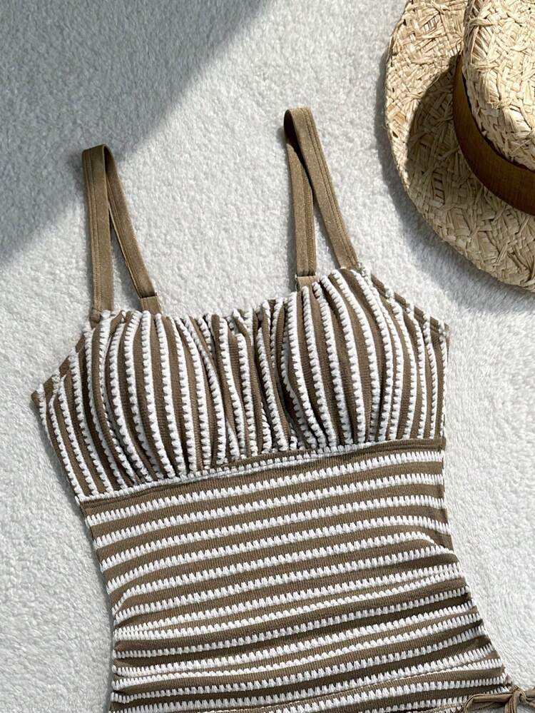Swim Lushoire مجموعة ملابس سباحة من قطعتين للنساء الناضجات بتصميم مثير، قماش خاص مخطط، توب بنطلون طويل وقطعة سفلية بيكيني مثلث بخصر عالي - قهوة بني - مشاهدة 4