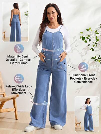 SHEIN Yếm denim bầu mặc thường ngày phong cách casual