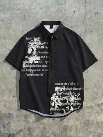 Street Life Gothic Print Short Sleeve Shirt, Spring/Summer Style, Comes With Tie