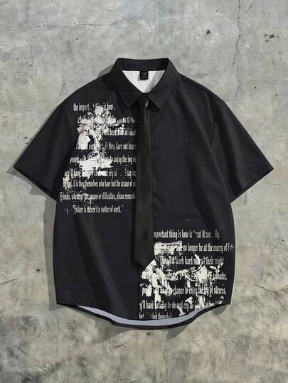 Street Life Gothic Print Short Sleeve Shirt, Spring/Summer Style, Comes With Tie