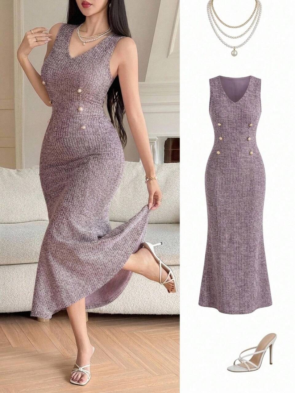 Women's V-Neck Striped Elegant Waist-Cinching Midi Dress For Party And Casual Wear Summer