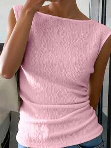 Nueva blusa de hombros descubiertos con textura, de manga corta ajustada y de moda para mujeres - Rosa - Ver 3