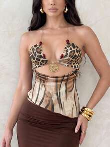 Privoire Leopard Print Patchwork Line Mesh Metal Chain Spaghetti Strap Sexy Tropical Exposed Waist Camisole Crop Top Party Club Night Out Beach Brown - Multicolor - View 3