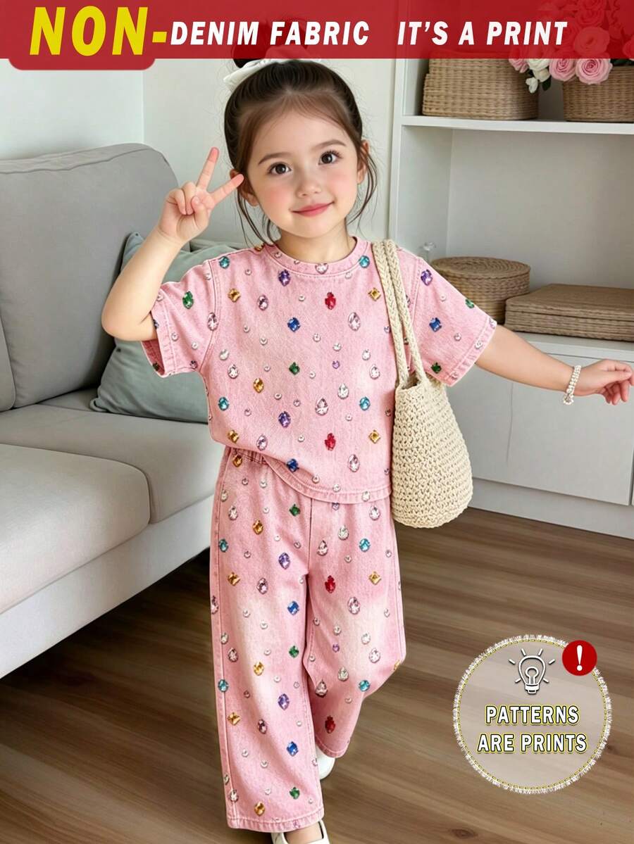 (1 Set) Girls' Fashion Casual Fresh Daily Pink Base Colorful Diamond Pattern Basic Short T-Shirt And Wide Leg Pants - Multicolor - View 1