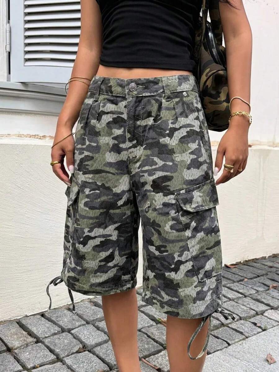 SHEIN ICON Women's Fashion Street Camouflage Print Button Cargo Denim Shorts - Multicolor - View 1