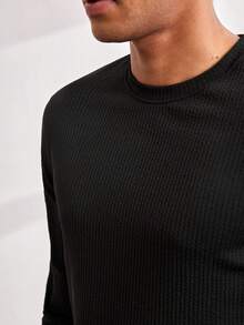 Driftmere Men's Simple Fashionable Ribbed Texture Pullover Long Sleeve Tee, For Fall - Black - View 6
