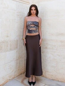Bris Aura Women's Satin Skirt, Versatile Fish Tail Hem Skirt, Everyday Wear, Brown Skirt Summer - Coffee Brown - View 4