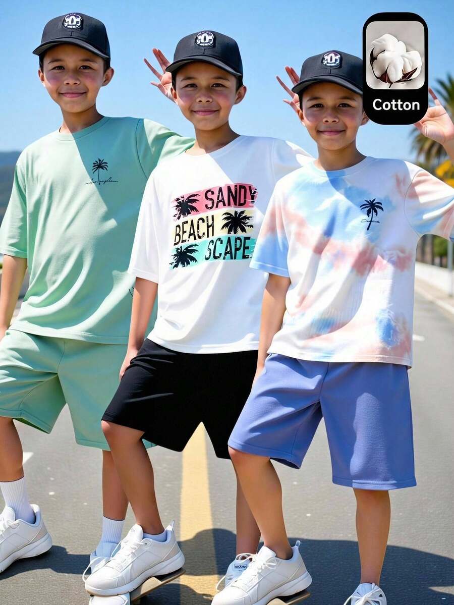 SHEIN 3套買3送3島嶼風兒童青少年男孩休閒度假紮染椰子樹圖案圓領短袖T恤與短褲套裝，夏季上衣，夏季短褲，男孩套裝兒童套裝，適合春夏，情人節，約會，夏季穿搭，海灘週末，家庭聚會，返校，婚禮季節，運動，生日派對