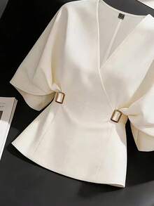 GlowEve French Chic Distinctive Blouse, Lightweight Luxury High-End Commuter Versatile Cinched Waist Batwing Sleeve Shirt, Summer - Apricot - View 4