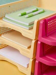 Joivida 3Pcs Stackable A4 Plastic File Trays, Multi-Layer Large Capacity Document Organizer, Sturdy Drop-Resistant Desktop Paper Storage Rack, Space-Saving Stackable Design, 4 Fresh Colors Available Blue Red Yellow Green For Office Desk Home Use - multicolor - View 7