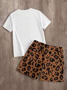 LOONEY TUNES X SHEIN Manfinity Joysei تي شيرت رجالي بطبعة كرتونية وأكمام قصيرة وشورت بطبعة نمر، ملابس كاجوال يومية - متعدد الألوان - مشاهدة 5