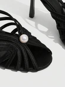 CUCCOO SZL Women's Summer 9.8CM Round Toe Open Toe Hollow Cross Strap Sexy Versatile Elegant Pearl Stiletto High Heel Sandals, Suitable For Daily Commute/Beach/Party - Black - View 5