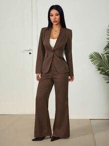 SHEIN PETITE 女款條紋單排扣長袖夾克與長褲休閒日常套裝 - 棕色 - 查看 4