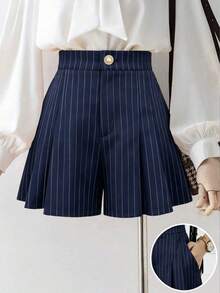 EMERY ROSE Women's Plus Size Striped Pleated Casual Versatile Wide Leg Shorts - Blue - View 1