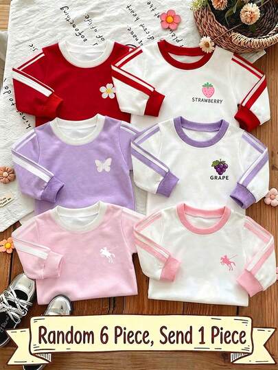 Autumn/Winter Casual Fashion Young Girl Simple Faux Embroidery Butterfly, Bee, Flower, Horse Rider Print Crew Neck Sweatshirt, American Cute Sweet Print Design Multi-Piece Set, Personalized Versatile Autumn/Winter Young Girl Toddler Top Suitable For Girls 4Y-7Y, All-Season Wear, Blind Box 6 Styles Randomly Shipped 1 Piece