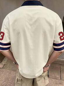Aesthetic Post 男士字母條紋印花對比色單排扣短袖襯衫 - 彩色 - 查看 4