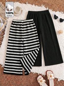 SHEIN LMoss Kids 少女款針織條紋休閒寬鬆直筒長褲 - 黑色 - 查看 2