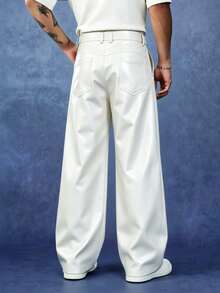 PAVTROS 男士休闲斜插口袋宽松PU皮裤 - 白色 - 查看 2