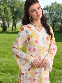 Yasmyna V領刺繡貼花粉色寬鬆休閒長袖喇叭袖優雅長袍 - 彩色 - 查看 4