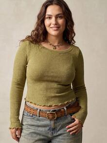 SHEIN Tall CURVE Plus Size Fashion Frill Trim Long Sleeve T-Shirt For Daily Wear - Green - View 10