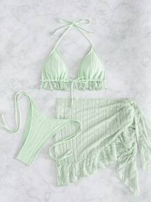 Swim Mod 女款夏季海灘純色掛脖綁帶性感時尚比基尼兩件式泳衣套裝附罩衫裙 3件組 - 霧霾藍 - 查看 3