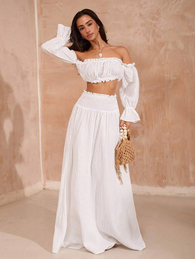 Opulessa Vacation Solid Color Woven Shoulder Top & Skirt Women 2 Pieces Set - White - View 4