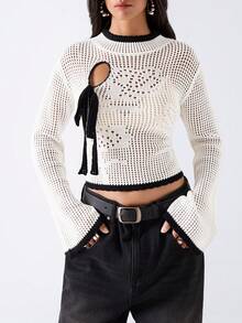 LYSMO Women's Colorblock Trim Hollow Knit Flare Sleeve Sweater Office Outfits For Women Concert Outfit For Women - Black and White - View 2