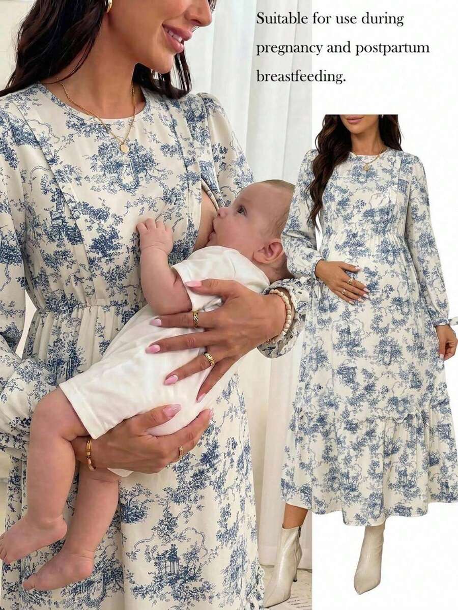 SHEIN 孕婦全印花長袖哺乳洋裝 秋季 - 藍白色 - 查看 1