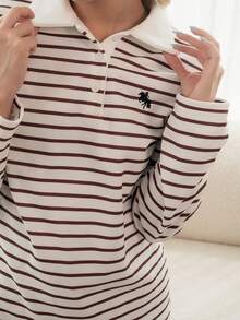 Ximena Robles Ximena Robles Striped Long Sleeve Casual T-Shirt For Women, Autumn Long Sleeve Summer Top Brown - Brown - View 3