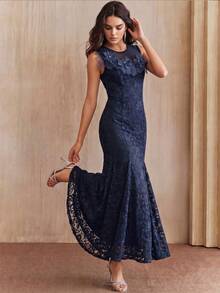 Anewsta Summer Holiday Romantic Lace Splice Mesh Collar Delicate Floral Decor Fishtail Hem Party Elegant Dress For Women - Navy Blue - View 6