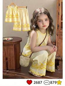 SHEIN Vintaside Kids 女童夏季黑白簡約優雅風直條紋花卉刺繡無袖上衣＋寬腿褲套裝，適合日常出遊、休閒旅行、校園穿搭、派對活動、拍照穿搭 - 黃色 - 查看 1