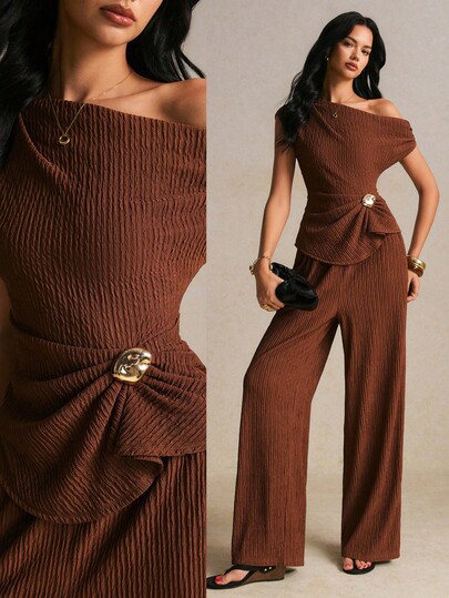 Poéselle Women's Elegant 2 Pieces Set With Asymmetrical Shoulder And Metal Waist Decor Top And Pants ,Going Out Outfits,Casual  Elegant Sets,Work Outfits,Fall