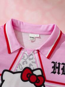 HELLO KITTY AND FRIENDS | SHEIN 1 buah Kaos Anak Perempuan Gaya Sporty yang Menyenangkan, Lengan Pendek Berkerah dengan Motif Kartun Leopard dan Bintang. - MultiWarna - View 3