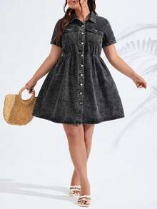 SHEIN ICON Plus Size Women's Front Button Collar Pocket Loose Hem Short Sleeve Dress, Suitable For  And Outings Mother's Day Back-To-School Outfits - Black - View 4