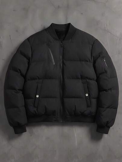 Manfinity Homme Men's Solid Color Long Sleeve Zipper Front Winter Jacket