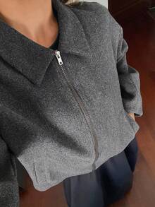 DAZY Women's Solid Color Loose Fit Lapel Zip-Up Long Sleeve Casual Streetwear Spring Autumn Wool Jacket - Grey - View 5