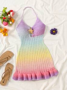 SHEIN Tween Girl New Style Vacation Knit Halter Tie Multi-Layer Ruffle Mini Dress, Carnival, Afternoon Tea, Beach, Cruise Vacation, City Street Vacation, Autumn/Winter Layering Tween Girl - Pink - View 2
