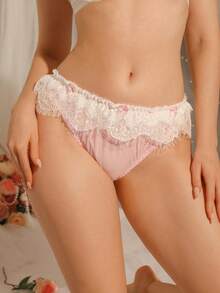 DelicateAllure 女款時尚對比色蕾絲三角內褲 - 粉色 - 查看 3