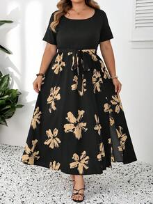 SHEIN CURVE+ Curve 大碼 US22 音樂祭海邊度假波希米亞風夏季休閒花卉印花拼接短袖長洋裝 黑色 - 黑色 - 查看 1