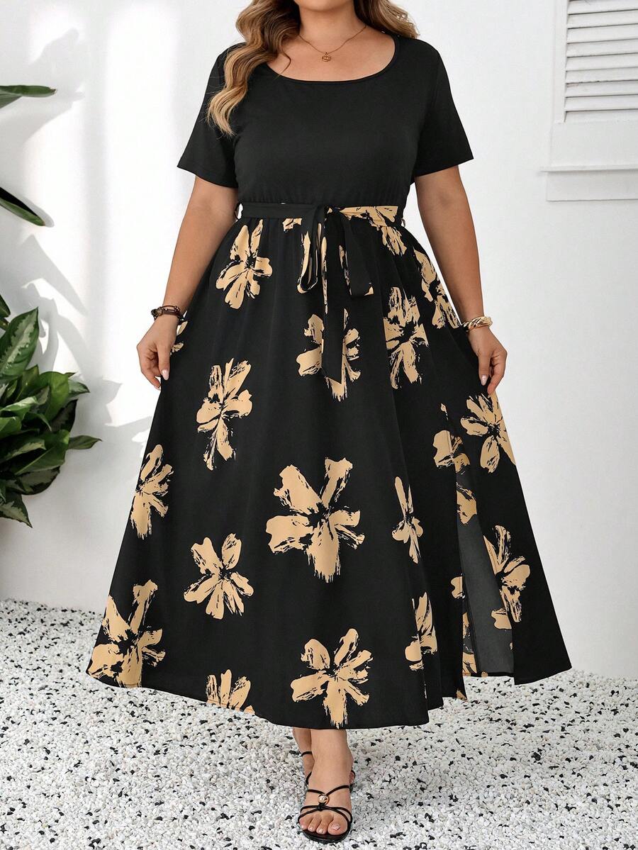 SHEIN CURVE+ Curve 大碼 US22 音樂祭海邊度假波希米亞風夏季休閒花卉印花拼接短袖長洋裝 黑色 - 黑色 - 查看 1